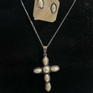 Sterling silver pearl cross pendant with earrings